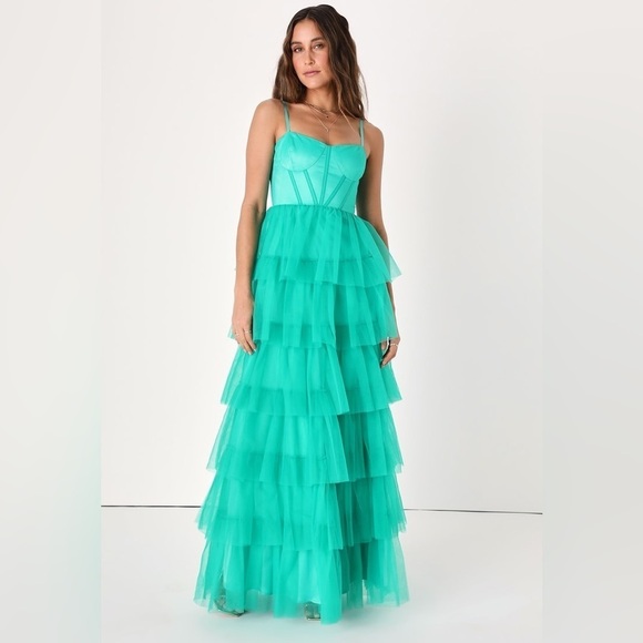 Rule the Runway Teal Green Tulle Bustier Tiered Maxi Dress - Picture 4 of 7